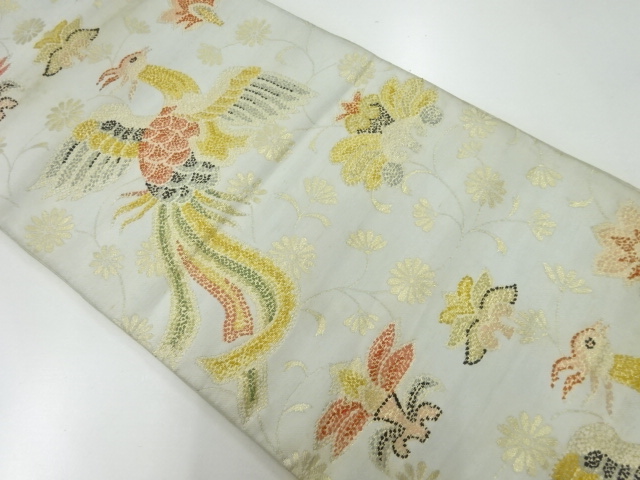 アンティーク　鳳凰に草花模様織出し袋帯（材料）